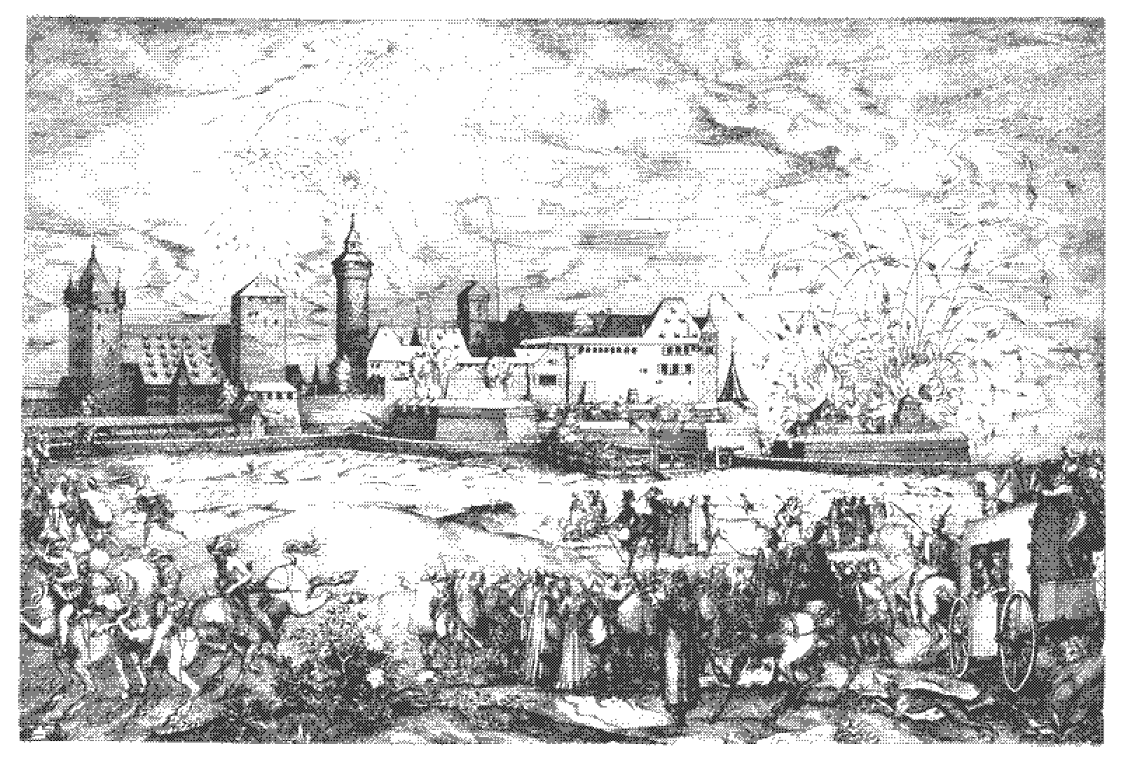 ‘Entry of Maximilian II into Nuremberg, June 7, 1570’, Jost Amman, 1570, Public Domain. In June 1570, Holy Roman Emperor Maximilian II was celebrated in Nuremberg with a grand entry featuring a triumphal arch, pageantry, gifts, and fireworks. A realistic depiction of the event shows spectators, dogs, and horses outside the city walls, with rockets exploding above the castle. Notably, two temporary Islamic structures are seen burning, symbolizing Maximilian’s military efforts against the Turks.