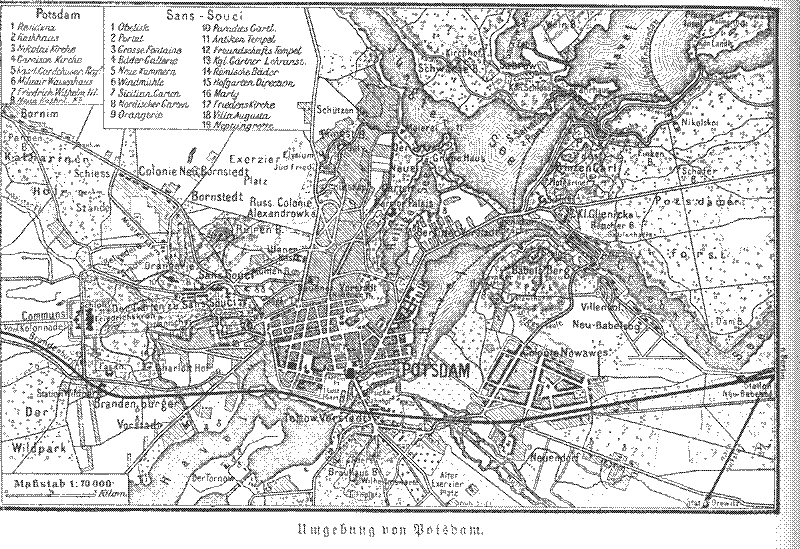 Map of Potsdam from around 1890. You can see the Schießstände mentioned in the upper left of the map. Printed in Meyers Konversations-Lexikon. Eine Encyklopädie des allgemeinen Wissens / 4. Auflage (1885–1890/1892)